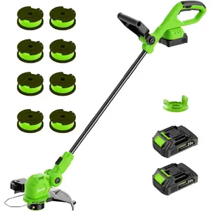 12-inch 20V Cordless String Trimmer with Charger, 2 X 2.0Ah   Grass Mover with Auto Line Feed, 2 in 1 Lawn Edger with 8 count Grass  Spool Line and 2 Spool Cap, Green