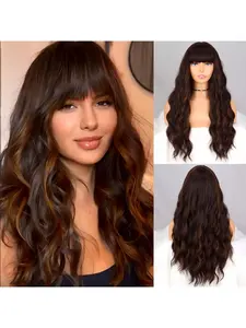 Brown Body Wave Wig with Bangs for Women - High Density, Natural-Looking Synthetic Layered Hair, Perfect for Daily Wear & Cosplay, Wavy Synthetic Hair