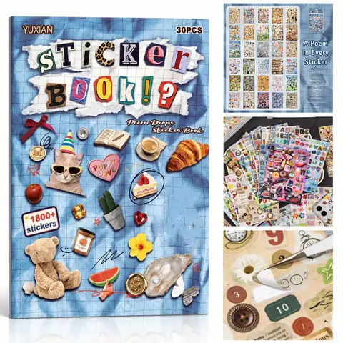 1800+ Pcs Coated Paper Craft Sticker Pack - 30 Sheets Decal Stickers Book for Cute Scrapbooking, Planner & Decoration Use with Tiny Food, Pets, Alphabet, Numbers, Florals, Retro Tech