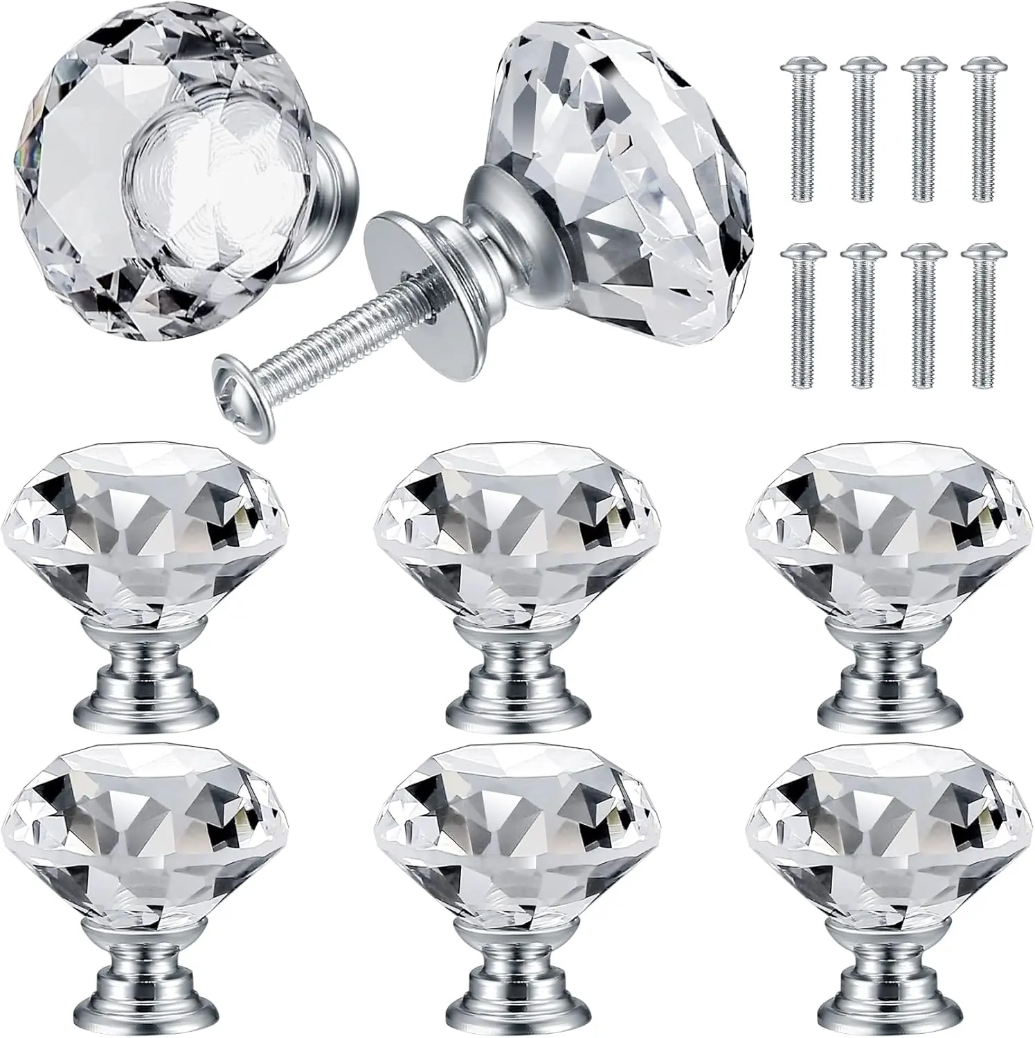 8 Pcs Crystal Cabinet Knobs, Decorative Diamond Shape Crystal Glass Dresr Knobs for Dresr Drawers Cupboard Wardrobe Furniture Cabinet Pulls Handles Kitchen Bathroom Bedroom Knob(Silver, 30mm)