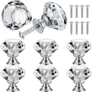 8 Pcs Crystal Cabinet Knobs, Decorative Diamond Shape Crystal Glass Dresr Knobs for Dresr Drawers Cupboard Wardrobe Furniture Cabinet Pulls Handles Kitchen Bathroom Bedroom Knob(Silver, 30mm)