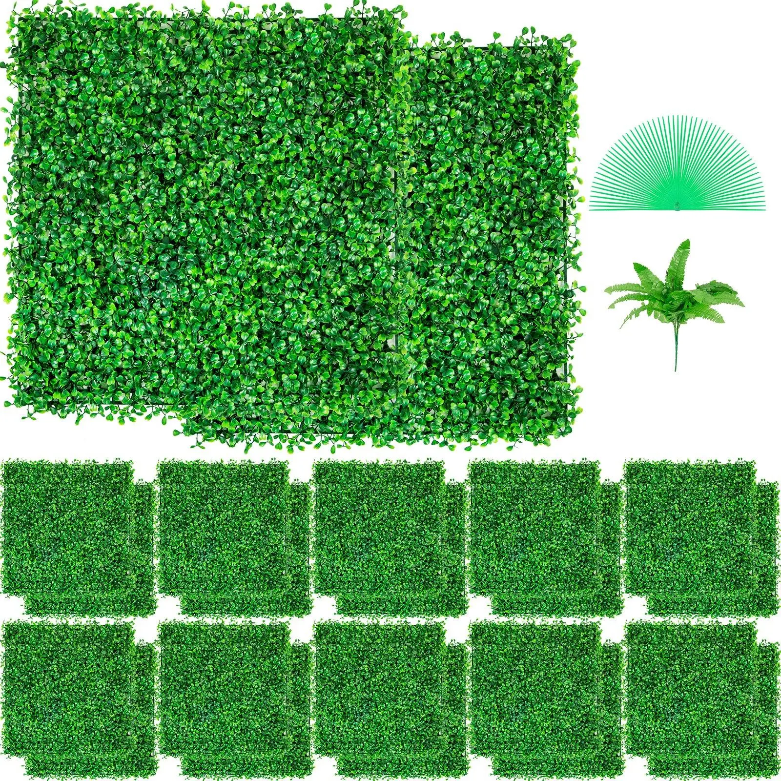 24 PCS 10x10 Inch Artificial Boxwood Hedge Wall Panels, 1.6” / 4cm Thick UV Protected Fake Grass Backdrop Wall, Odorless PE Privacy Fence Screen with Interlocking Connectors & 100 Zip Ties, DIY Decorative Green Wall for Indoor Outdoor Garden Backyard