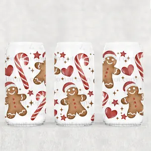 GINGERBREAD CANDY CANE glass cup with LID, Mug Tumblers Bamboo Drink ware Lid