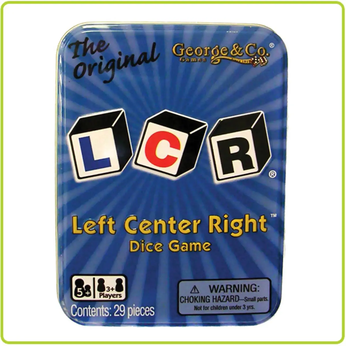 212 MAIN Fast-Paced Quick Play LCR Left Center Right Dice Game, Imprinted Dice, Blue Tin