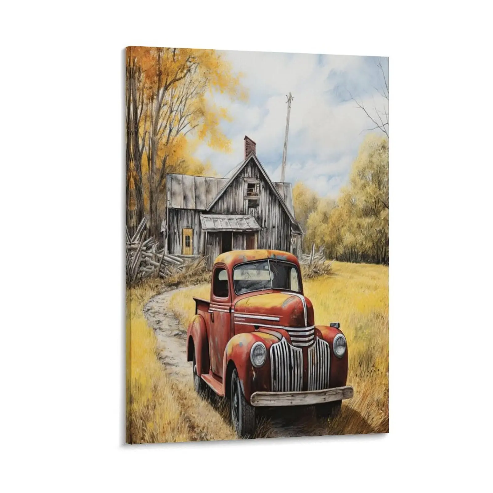 Farmhouse Canvas Wall Art, Red Pick-Up Truck And Old Barn Painting Poster Canvas Poster Bedroom Decor Sports Landscape Office Room Decor Gift Frames Ornaments Artistic Decoration Print Photo Frame-.