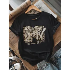 Women's 180g Black Cotton Crewneck Short Sleeve Printed T-Shirt - Stylish Leopard Pattern MTV Graphic Tee for Casual Wear - Comfortable Soft Fabric Trendy Summer Top for Ladies - Perfect Streetwear Fashion Statement