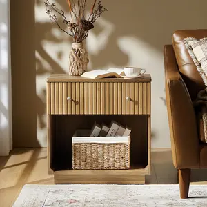 HULALA HOME Lina Solid Wood End Table with Charging Station Slatted Bedside Table Hidden Storage Open Shelf Built-in USB Power Outlets Fully Assembled Nightstand for Bedroom Living Room Modern Spaces