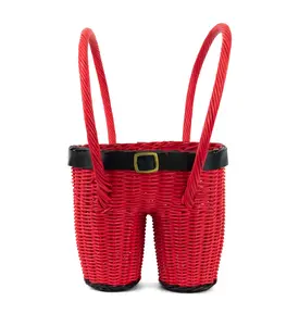 Hand Woven Santa Pants Rattan Easter Basket Christmas Storage Bin Organizer Cute Nursery Home Decor Handmade Handcrafted Gift Decoration Shorts Wicker