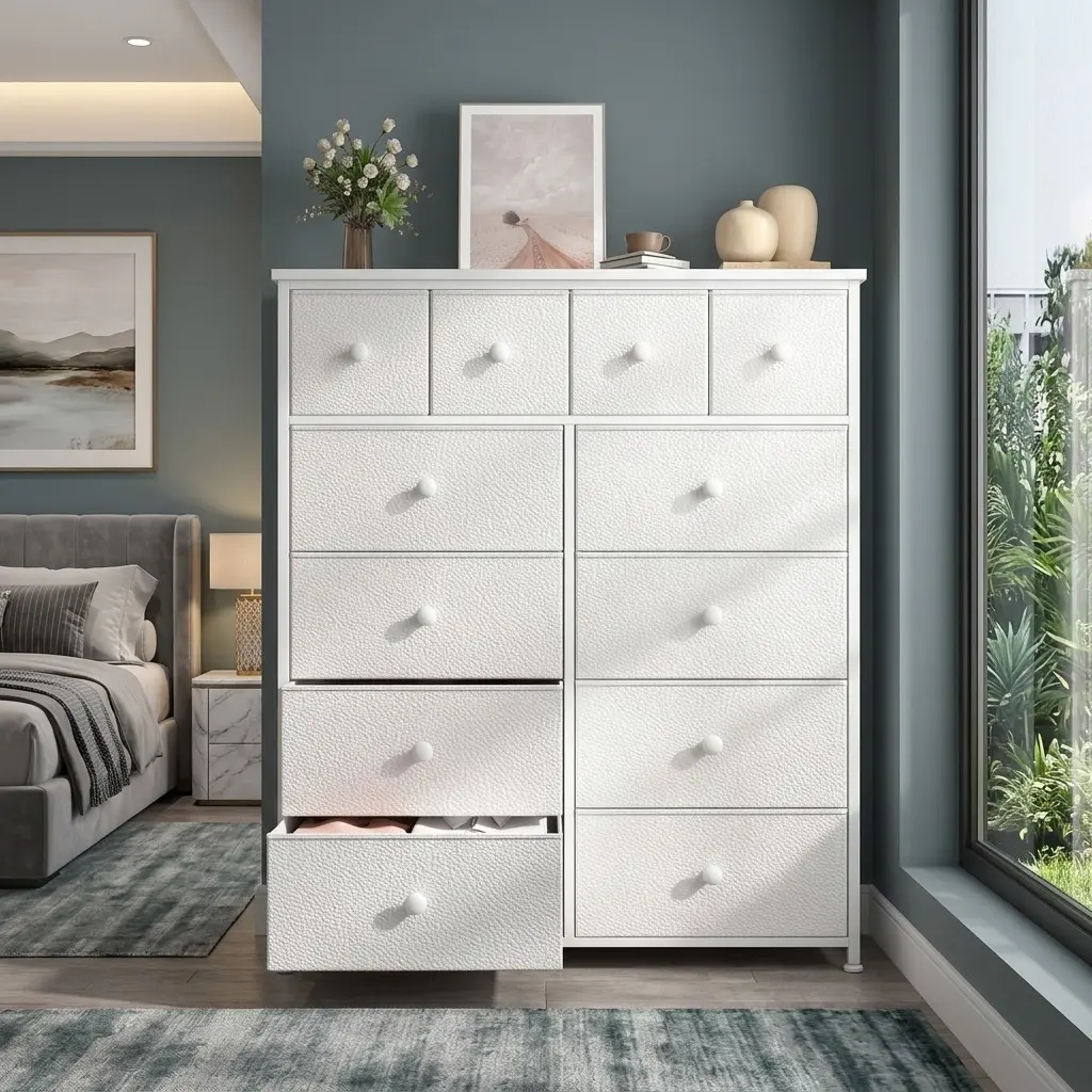 White Tall Dresser with 12 Fabric Drawers, Wood Top, Sturdy Metal Frame, Adjustable Compartment Cabinet & Adjustable Legs - Minimalist Decluttering Furniture for Bedroom, Living Room - Assembly Required, Easy Setup Storage Solution