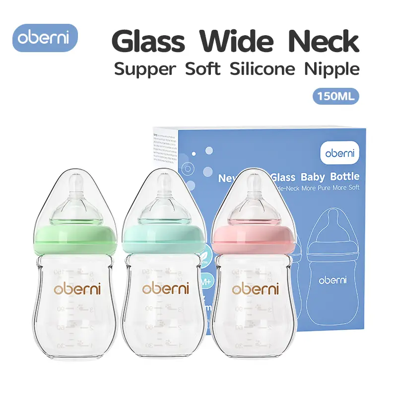 Oberni Breastfeeding Bottle 150ml/5oz Wide Neck Glass Anti Colic with Natural Response Nipple BPA Free for Newborn Preemie 0+Month Silicone