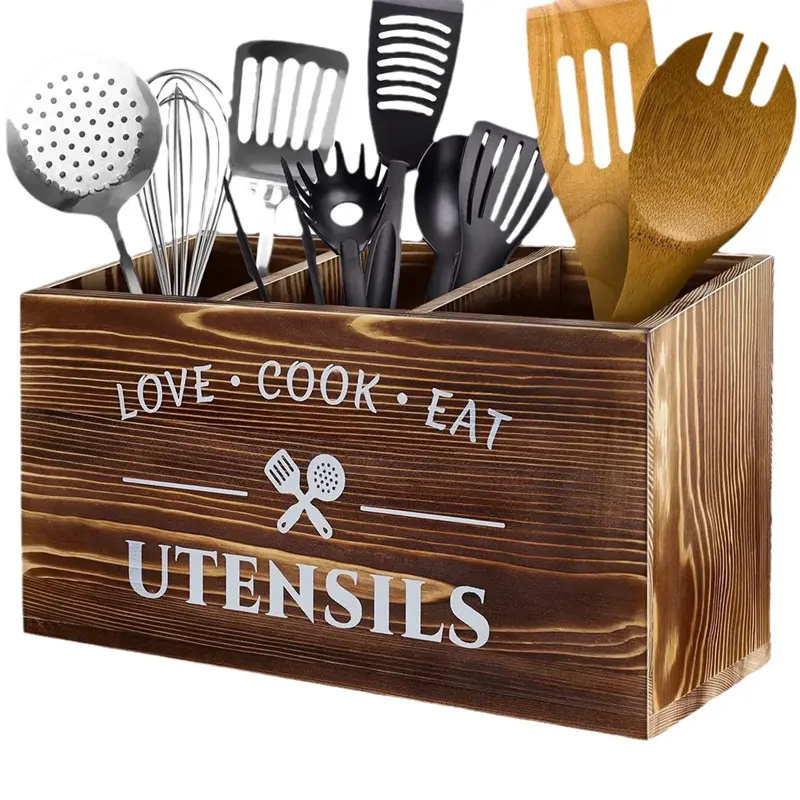 Rustic Wood Grain 3-Compartment Wood Utensil Holder - Farmhouse Kitchen Tabletop Caddy for Knives, Cutlery, Spatulas, Multi-Compartment Kitchen Storage & Organization Accessory, Kitchen Accessories