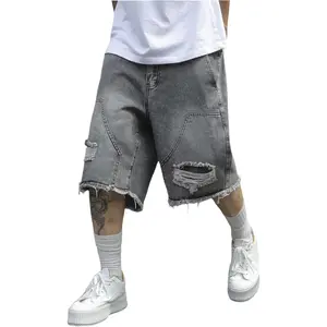 BEAUDRM Men's Y2k Baggy Jorts Ripped Jean Shorts Frayed Raw Wide Leg Denim Bermuda Shorts Streetwear