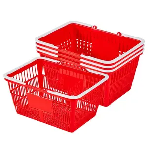 Shopping Baskets, 4 PCS, 21L Stackable PE Plastic Grocery Baskets with Handles, Dense Mesh Structure, Holds up to 20 lbs, Portable for Grocery, Retail, Stores, Supermarket, Home Use, Red