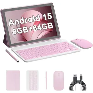 10 Inch Android 15 Tablet, 2 in 1 Tablets with Keyboard//Case/Stylus, 8GB+64GB ROM/1TB Expandable, 1.8Ghz Quad-core Processor, 1280 * 800  Touch Screen, 8MP Camera, 2.4G/5G WiFi 6 Tablet