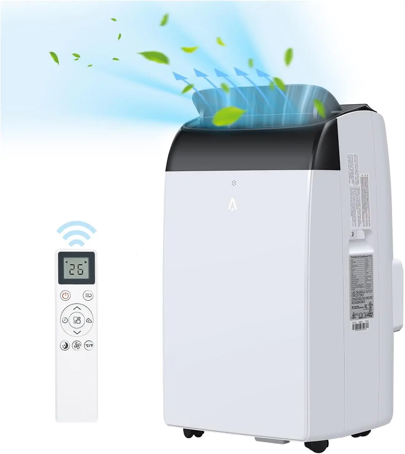 14000 BTU Cooling WiFi-Enabled Inverter Portable Air Conditioner - White Multi-Function Unit with Dehumidifier, Fan, Remote Control, 360-Degree Wheels, Energy Saver, Window Seal for Rooms Up to 550 Sq Ft