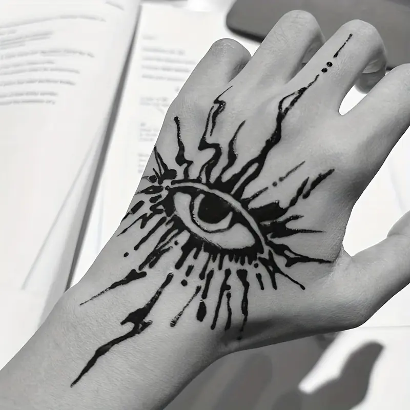 6 large herbal tattoo stickers, including 1 eye element and 5 random styles, lasting 7-15 days, waterproof and wear-resistant, realistic effect, suitable for people who are afraid of pain and don't want tattoos
