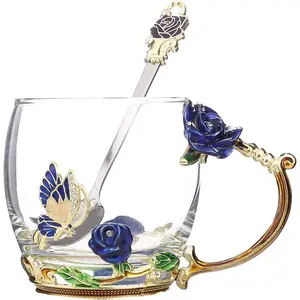 Glass Mugs with Handles, Glass Tea Cups Coffee Cups, Coffee Spoons, Dwarf Blue Rose Butterfly Tea Cup Sets, Gift Ideas for Women Tea Lovers