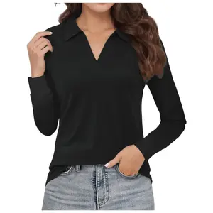 Women's Polo Shirt, V-neck Business Casual Top, Collared Long-Sleeved Work Shirt
