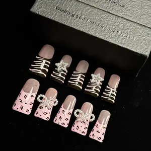 10pcs Handmade Press on Nails Short Duck Nail Supplies Clear Cute French Elegant Ol Daily Fake Nail Tips Glue-On Nails Tip for Wedding Birthday Party Christmas Winter Fall