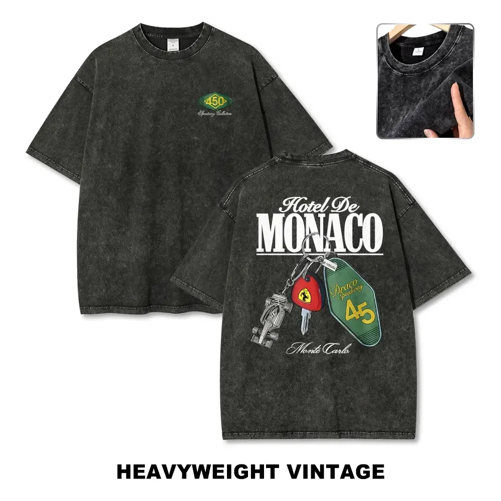 Men's Vintage Graphic T-Shirt, Heavyweight Cotton Short-Sleeve Tee with Hotel De Monaco F1 Racing Print for Streetwear, Tops, Shortsleeve, Classic, Menswear, Fabric, Retro, Casual, Tshirt Aesthetic Crewneck, Washed Black, Crew Neck, Acid-Wash, Monaco Circ