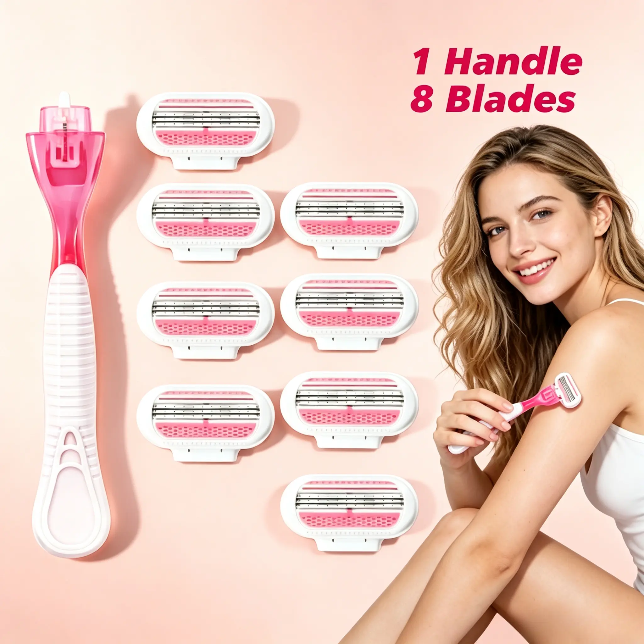 Women’s Triple-Blade Stainless Steel Manual Shaving Razor, Pink, with 1 Handle & 8 Replacement Blade Heads, Compact Portable Tool for Body, Facial Hair Removal (Beauty & Personal Care)