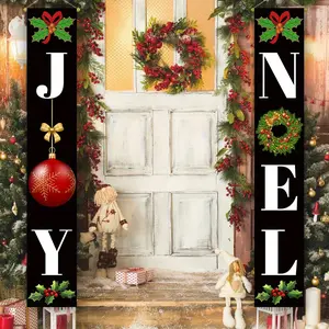 Merry Christmas Door Porch Banner, 1 Pair Joy & Noel Letter Pattern Hanging Porch Sign, Creative Front Door Banners for Christmas New Year Home Wall Balcony Office Decor