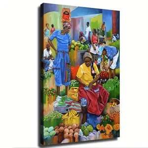 1pc Haitian African Culture Canvas Wall Art - Vibrant Market Scene with Fruits & Vegetables, Ready-to-Hang Wooden Framed Print, Handmade in USA, Perfect for Living Room, Bedroom, Office, Cafe Decor, Office Artwork, Colorful Artwork, Detailed