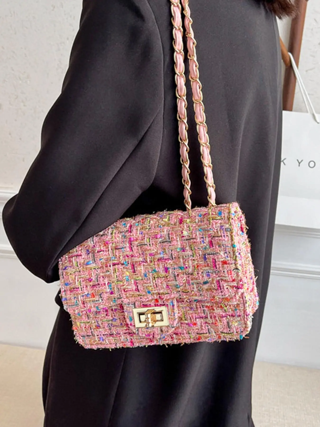 Women's Tweed Plaid Square Bag, Large Capacity Quilted Woven Embroidered Crossbody Shoulder Bag, Ladies Woolen Handbag Clutch Tote, Fashionable Crossbody Bag, Casual Fashion Bag