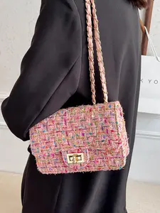 Women's Tweed Plaid Square Bag, Large Capacity Quilted Woven Embroidered Crossbody Shoulder Bag, Ladies Woolen Handbag Clutch Tote, Fashionable Crossbody Bag