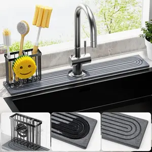Diatomite Kitchen Faucet Mat, Quick-Drying Absorbent Cleaning Mat with Dish Brush Holder, Water Splash Guard & Sink Protection Organizer Caddy for Behind-Sink Home Care Decor Accessories