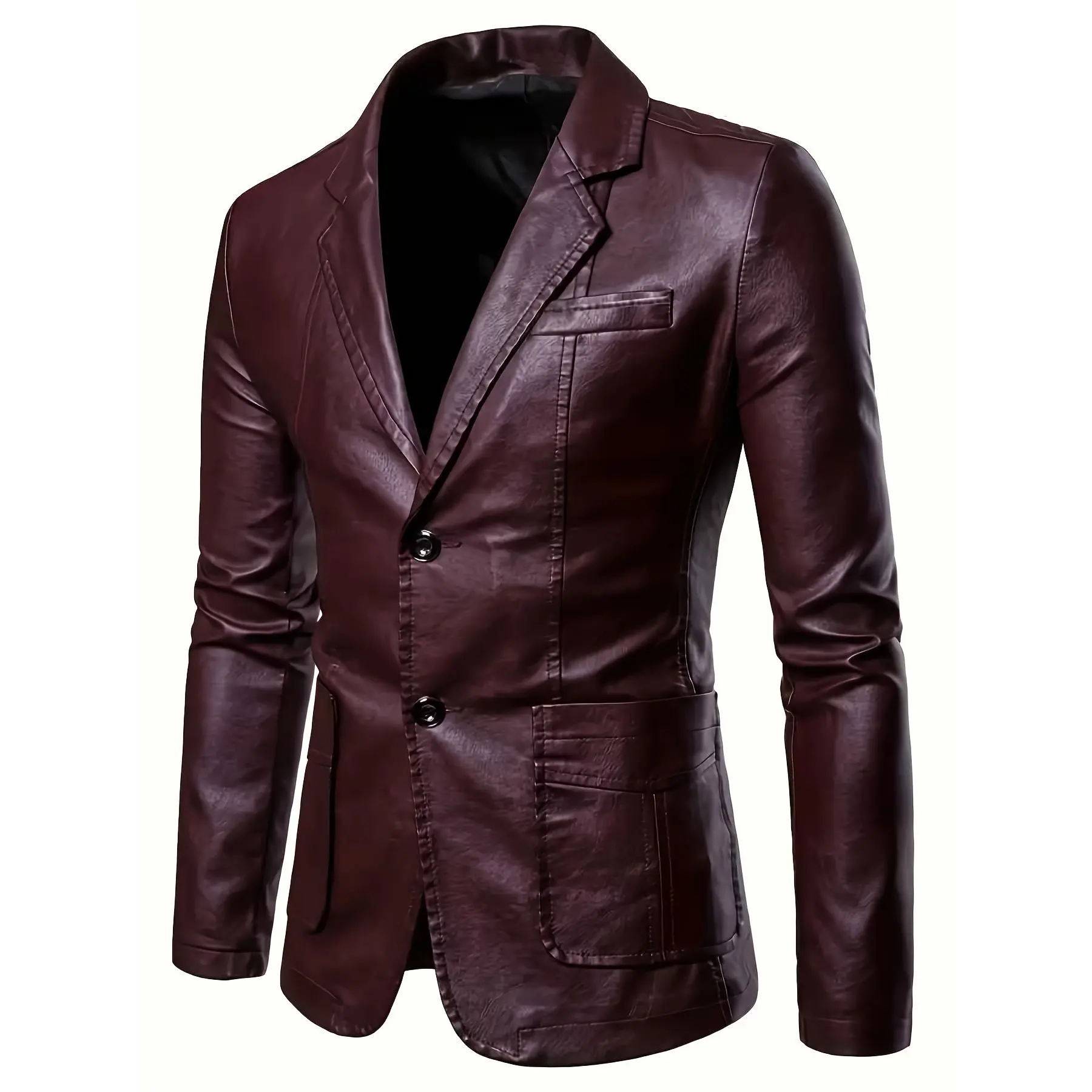 Men's Jacket in Stylish Black PU Leather - Stylish button-down blazer with lapel, long sleeves and side pockets, suitable for business or formal occasions
