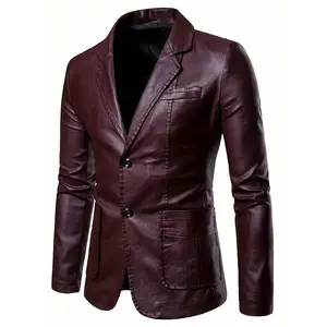 Men's Jacket in Stylish Black PU Leather - Stylish button-down blazer with lapel, long sleeves and side pockets, suitable for business or formal occasions