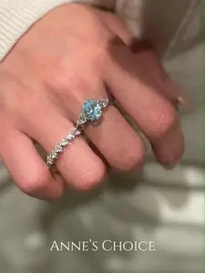 2.5 Carat Lab Diamond Ring, Oval with pear side stone Aquamarine Glass Sea, 5A Grade Gemstone Jewelry, 925 Sterling Silver, Women‚Äôs Ring