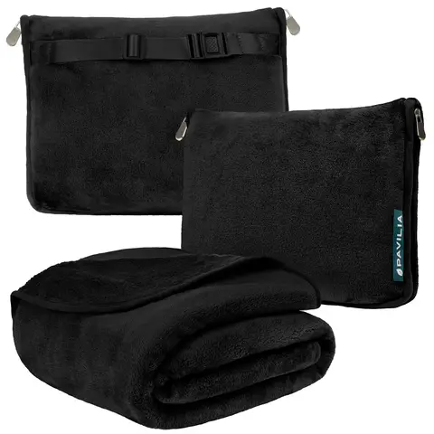 PAVILIA Travel Blanket Pillow, Soft Airplane Blanket 2-in-1 Combo Set, Plane Blanket Compact Packable, Flight Essentials Car Pillow, Travelers Gifts Accessories, Luggage Backpack Strap, 60x43