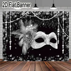 2D flat banner, 1pcElegant Silver Masquerade Mask with Intricate White Filigree and Feathered Floral Arrangement for Formal Events, Monochromatic Party Decorations, Sophisticated Costume Accessories with Pearls and Hanging Beads, Glamorous Black Ba