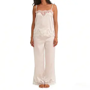 VIVELLE TikTok Viral Coquette Aesthetic Women's White Satin Lace Trim Pajama Set – Two-Piece Cami & Wide Leg Pants Lingerie Lounge Set for Bridal & Date Night