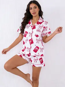 Women's Valentine's Day Heart Bow Tie Soda Can Print Short Sleeve Shorts Set, Casual Fitted Summer, Comfortable All-Season Wear