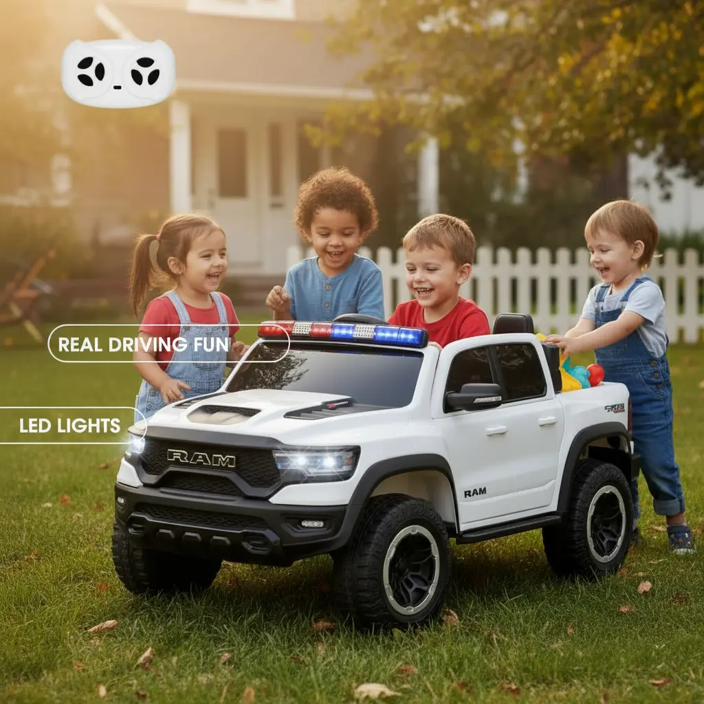 GARVEE Licensed 12V RAM Ride-On Truck for 3-4 Years Olds, Power Wheels with Remote Parent Control, Dual Motor, Lockable Doors, Wheel Suspension, LED Lights, Music, Truck Bed Storage, RAM Logo, Seatbelt, Birthday Gift Toy, Ride On Car, Foot Pedal