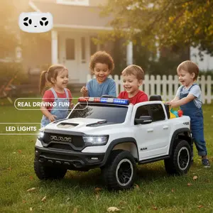 GARVEE Licensed 12V RAM Electric Ride-On Truck for 3-4 Years Olds, Power Wheels with Remote Control, Dual Motor, Ride On Wheels, Parent Control, Realistic LED Lights, Music, Truck Bed Storage, RAM Logo, Seatbelt, Birthday Gift