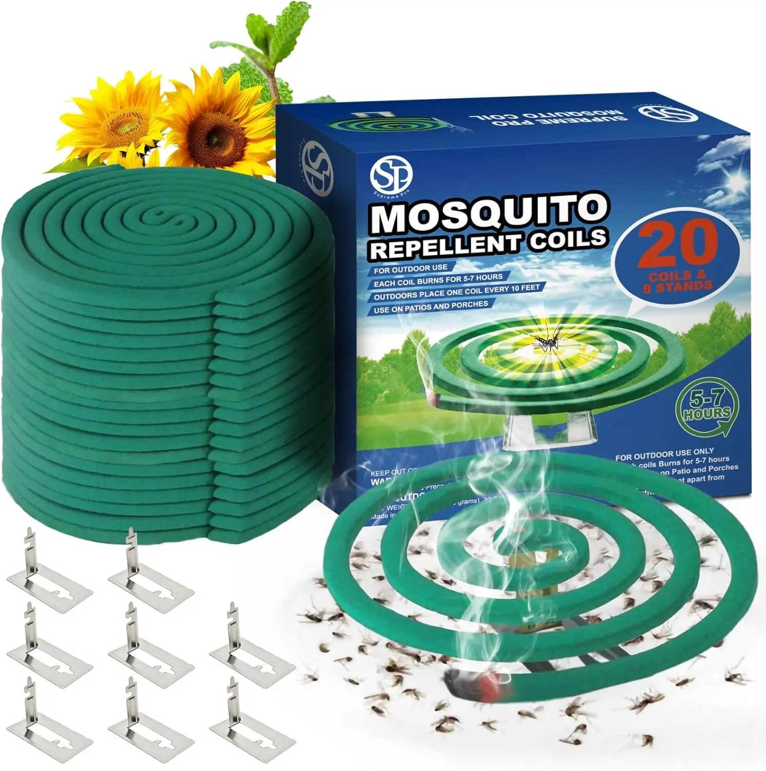 Natural Essential Oil Scented Coils - Outdoor Use Reaches Up to 10 feet - Each Burns for 5-7 Hours (20 coils & 8 Coil Stands) for Patio Backyard