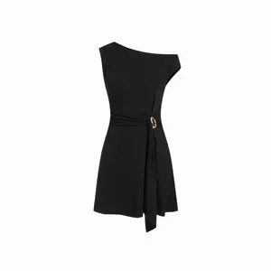 Cider Asymmetrical Neck Draped Metal Detail A-line Mini Dress SwimWeek