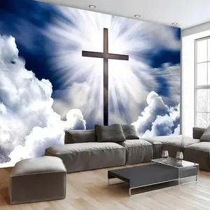 Large Christ Cross Background Banner, Religious Church Decor, Sky Clouds and Glowing Light, Polyester Fabric, Easter Wedding Baptism