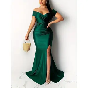 off Shoulder Slit Thigh Dress, Elegant Pure Color Tight Party Extra Long Dress, Women's Clothing Formal Womenswear Workwear Basic Green Minimalist
