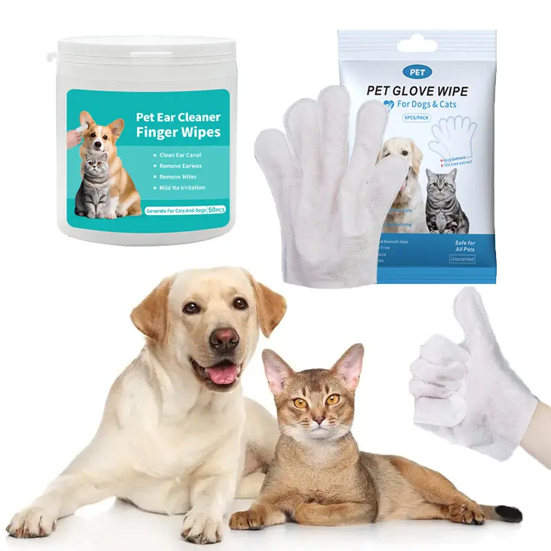 Gentle Pet Ear Cleaning Set, 2 Counts/set Deep Cleaning Pet Ear Cleaning Wipes & Pet Gloves Wipe, Pet Grooming Supplies for Dogs & Cats