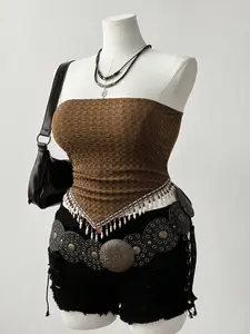 HANNA x Sunspun Women Sexy Casual Retro Elastic Knit Beaded Tassel Tube Top Boho