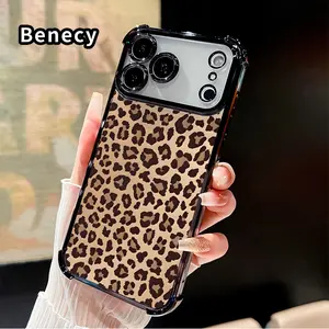 Compatible with iPhone 17 Pro Max 16 15 Plus Air 14 13 12 11 E Case Leopard Print Pattern Four Corner Drop Resistant Electroplated Transparent TPU Soft Trendy Cover