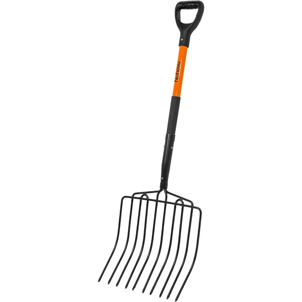 Gardening Steel Pitchfork, 10-Tine, 45-Inch Heavy-Duty Ergonomic Design Tool with Curved Head, Pressure-Resistant, Wear-Resistant Double Reinforced Integrated Non-Slip Handle for Mulching