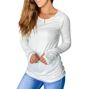 Goranbon Women's Thumb Hole Shirt Long Sleeve Crew Neck Plain Casual Pleated Breathable Top