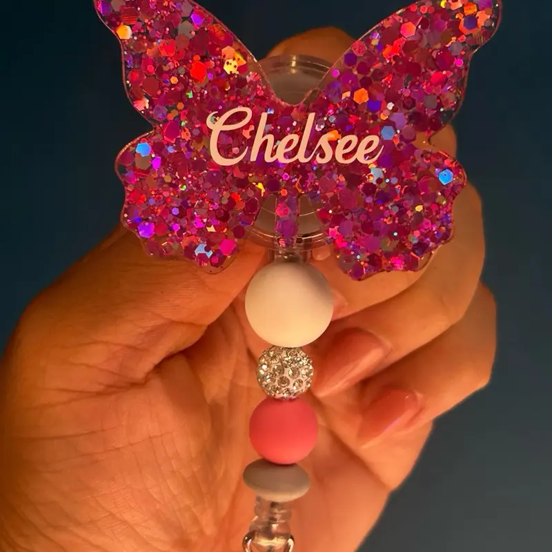 MUST ADD YOUR NAME AT CHECKOUT - Candidly Butterfly Badge Reel - Personalized with Your Name, 2” Diameter, Metal Alligator Clip, 360 Degree Rotation, Hand-Glazed Acrylic Design id
