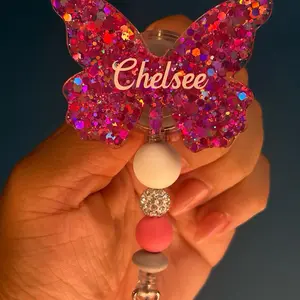 MUST ADD YOUR NAME AT CHECKOUT - Candidly Butterfly Badge Reel - Personalized with Your Name, 2” Diameter, Metal Alligator Clip, 360 Degree Rotation, Hand-Glazed Acrylic Design id